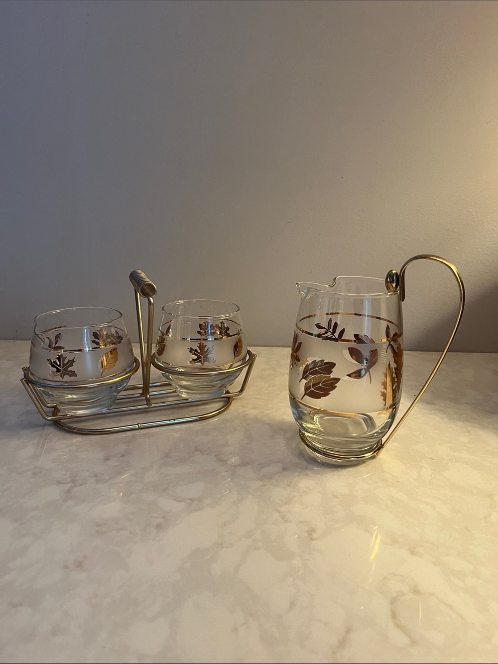 Vintage Libbey  Golden Foliage Milk Pitcher  cream and sugar w/metal carrier